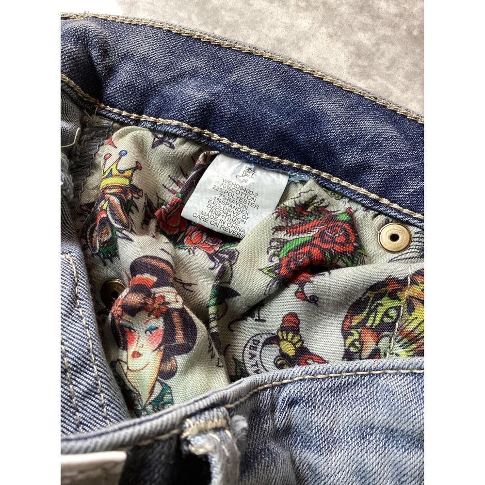 Ed Hardy Slim Flare Jeans Womens 26 Medium Vintage Blue Tattoo Embroidered Logo - Picture 11 of 12